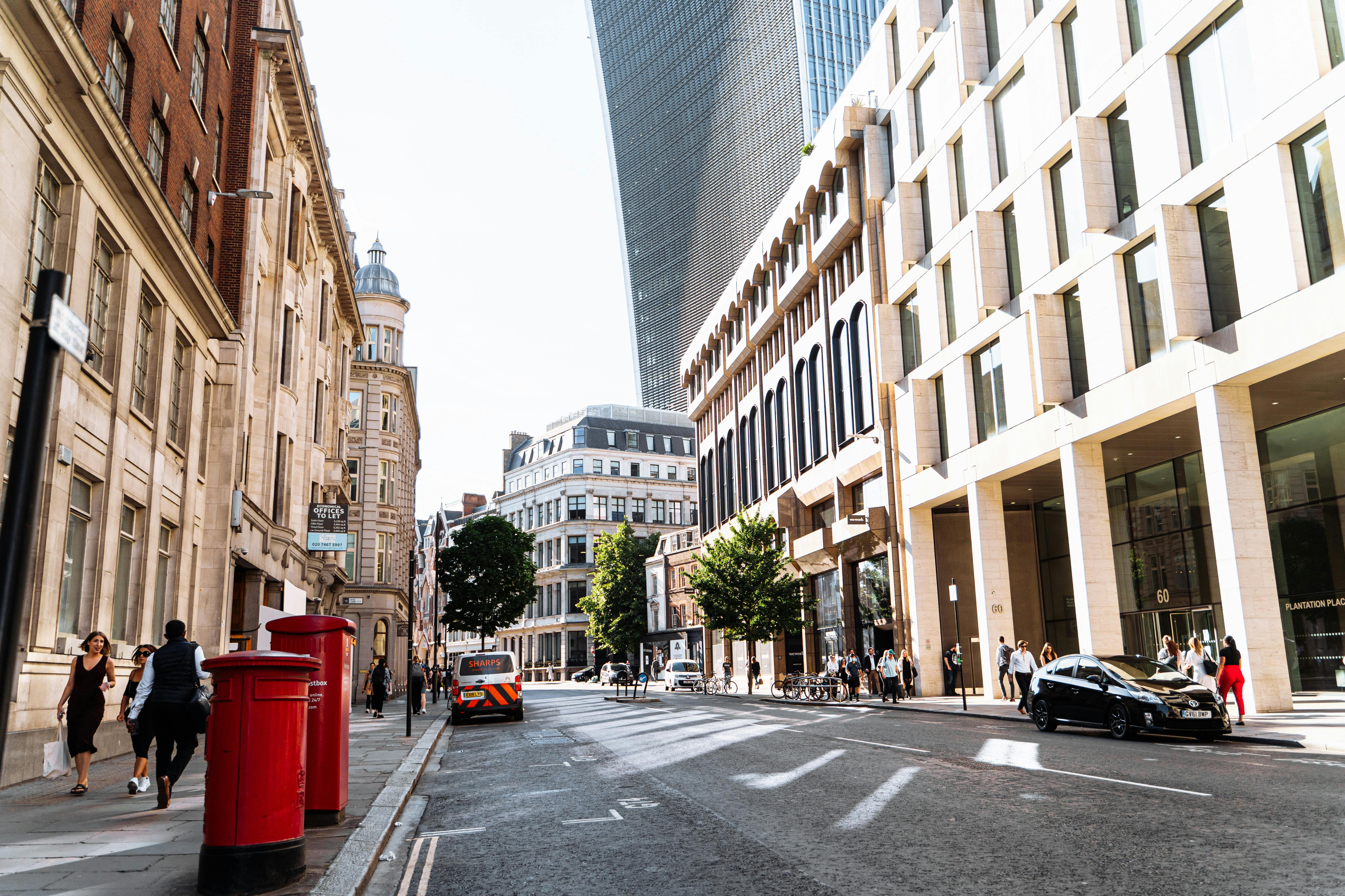 city skyline, historic landmarks, vibrant streets